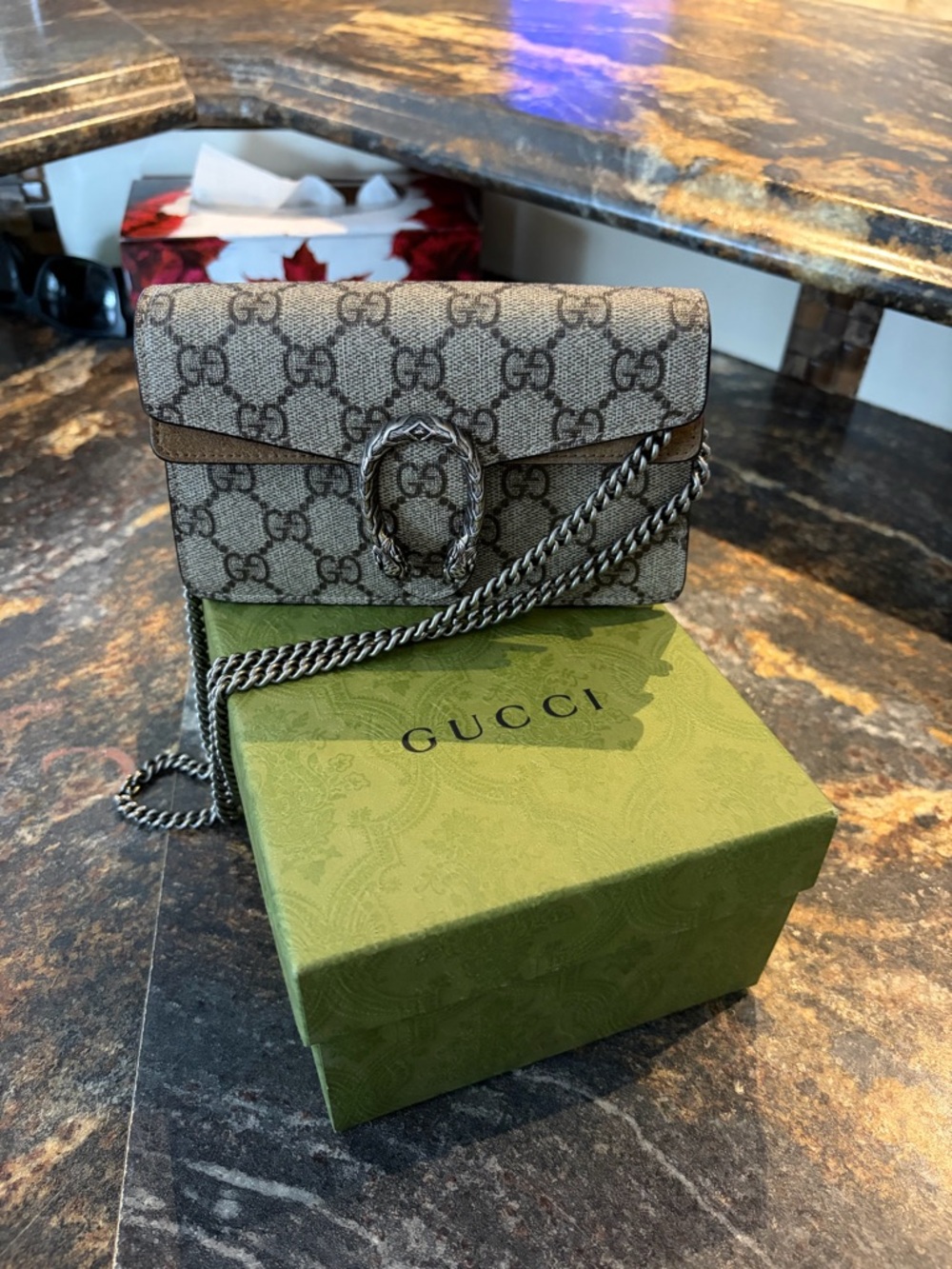 Gucci GG Supreme Dionysus Shoulder Bag in Beige and Brown